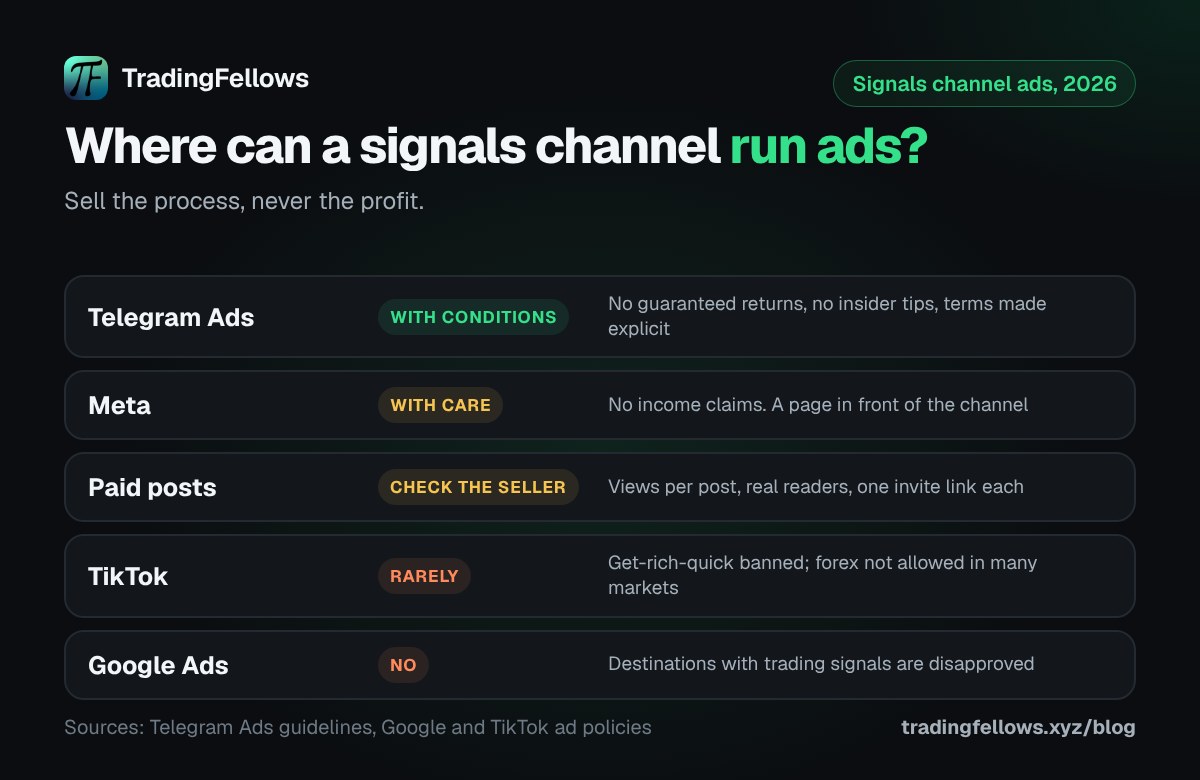 Ads for a forex signals Telegram channel: Google disapproves signals, Telegram Ads and Meta allow channel promotion without profit claims, TikTok rarely